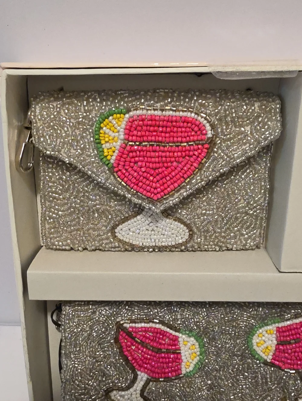 Rachel Zoe Silver Beaded Cocktail Clutch Set with Pink Cocktail Motifs Brand New